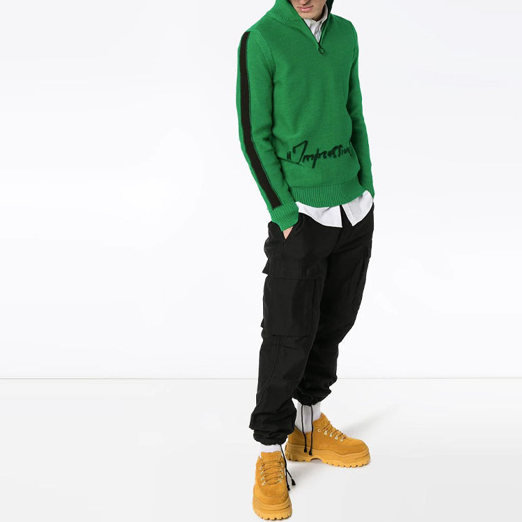 Men's Off-White FW21 Logo Alphabet Printing Zipper Knit Pullover Wool Sweater Green OMHF003R19A280304010