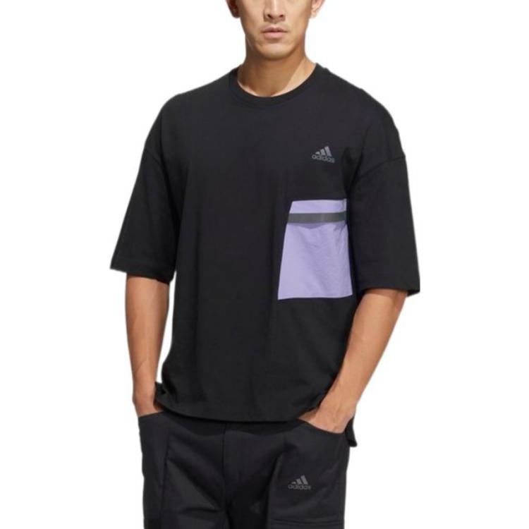 adidas Logo Splicing Round Neck Pullover Short Sleeve Unisex Black T-Shirt HE7346