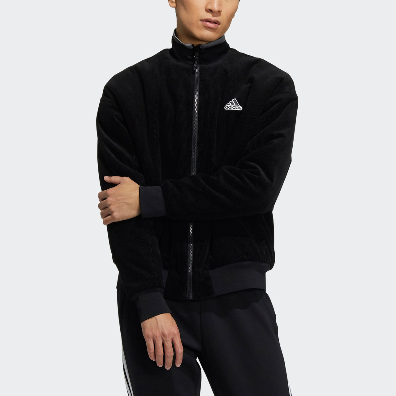 adidas M Corduroy Jkt Solid Color Logo Stand Collar Sports Jacket Black HD0360