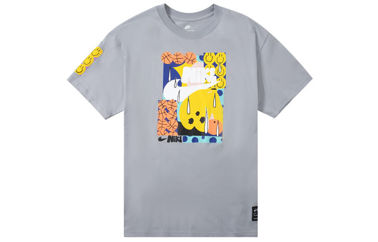 Men's Nike Smiling Face Basketball Pattern Printing Breathable Sports Short Sleeve Wolf Grey T-Shirt DQ1013-012