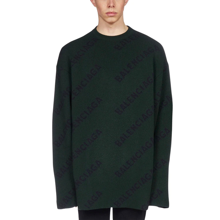 Balenciaga All Over Logo Crewneck Wool Knit Sweater 'Dark Green' 657400T15673050