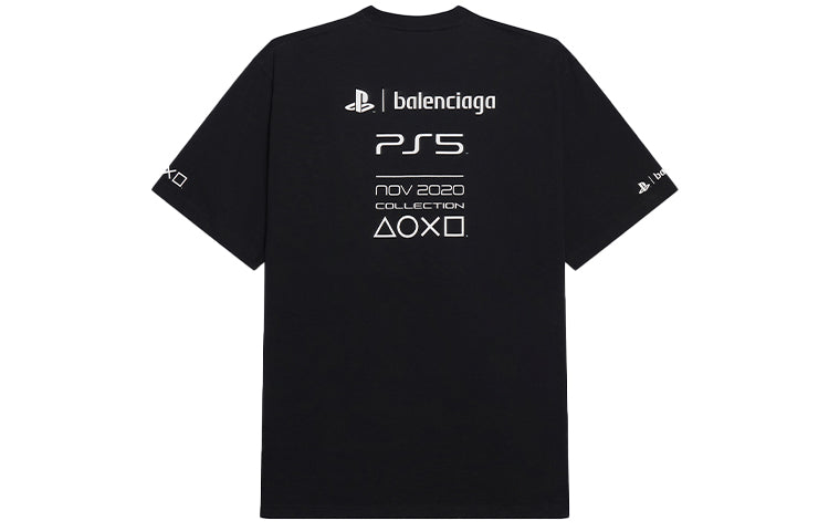 Balenciaga x PlayStation Crossover Ps5 Alphabet Geometry Pattern Printing Short Sleeve Unisex Black 651795TKVF31070