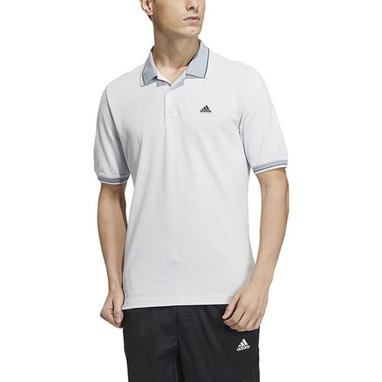 Men's adidas Logo Printing Straight Buckle Short Sleeve White Polo Shirt HS4391