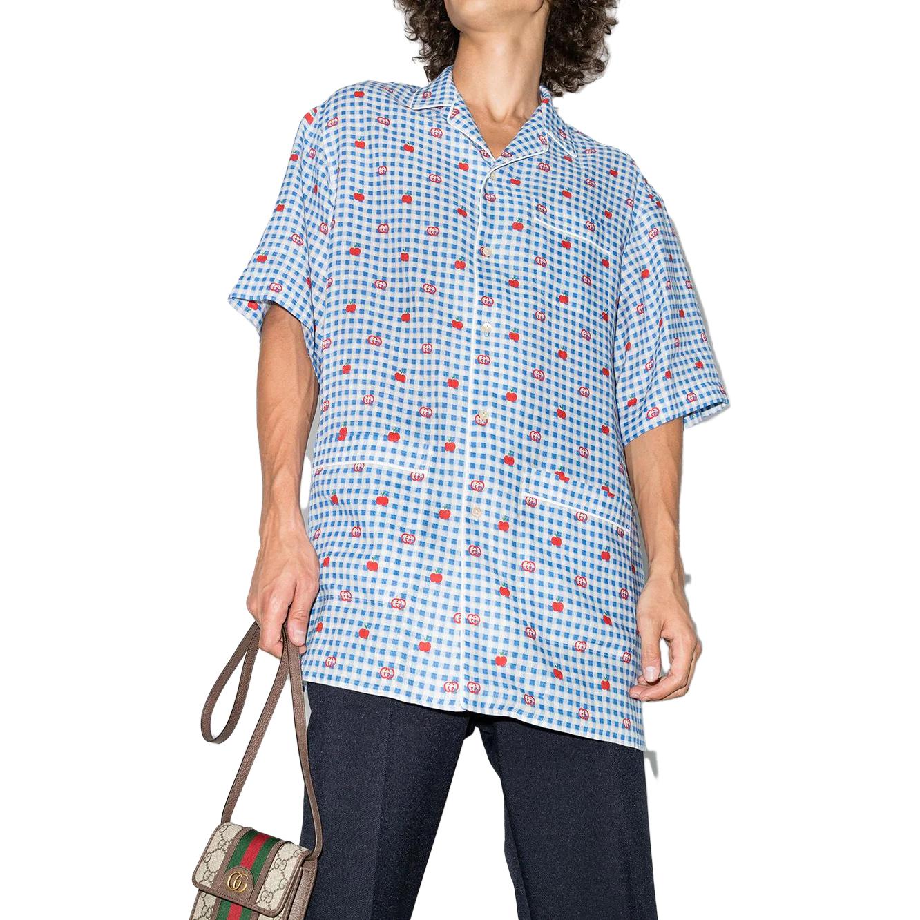 Gucci GG Apple Jacquard Check Bowling Shirt 'Blue' 636406-ZAFEM-4428