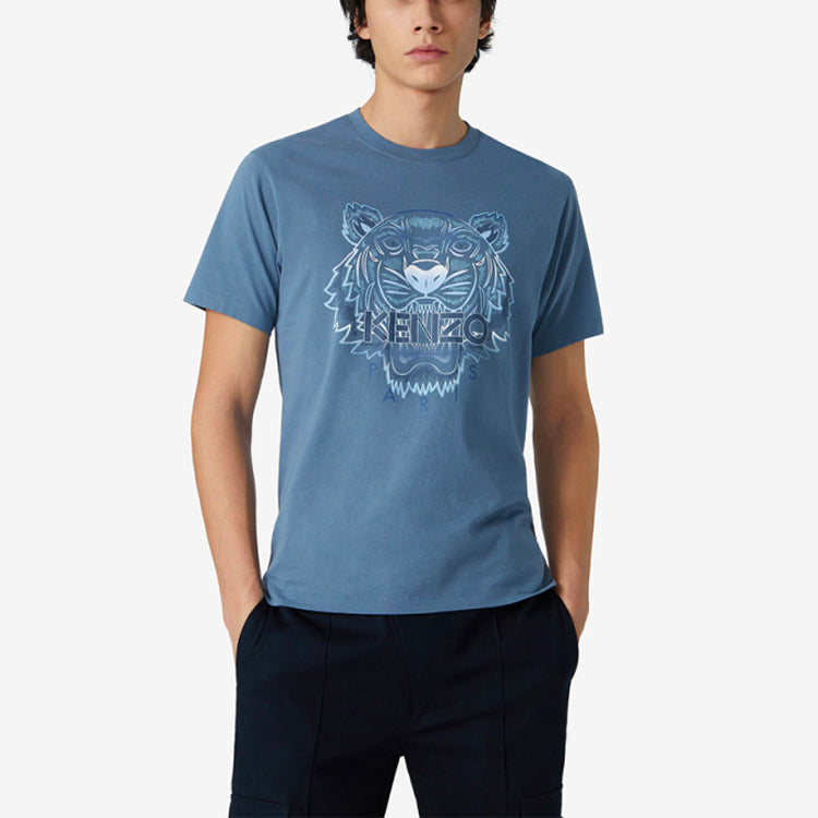 Men's KENZO SS21 Alphabet Tiger Head Printing Pattern Round Neck Short Sleeve Blue FB55TS0264YG-67