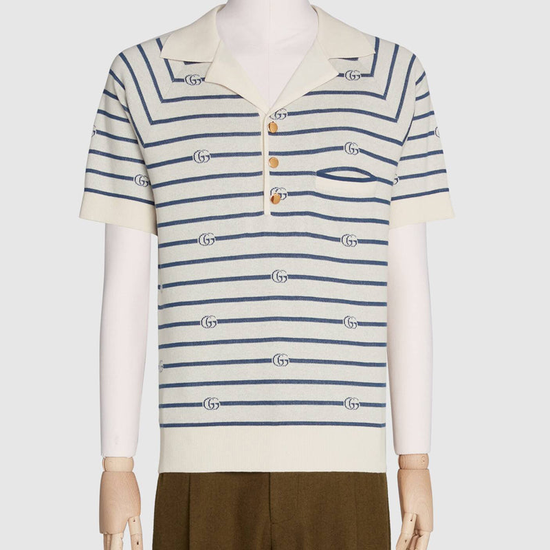 Gucci GG-Striped Wool-Cotton-Blend Short-Sleeved Polo Shirt For Men White/Blue 626039-XKBEV-9222