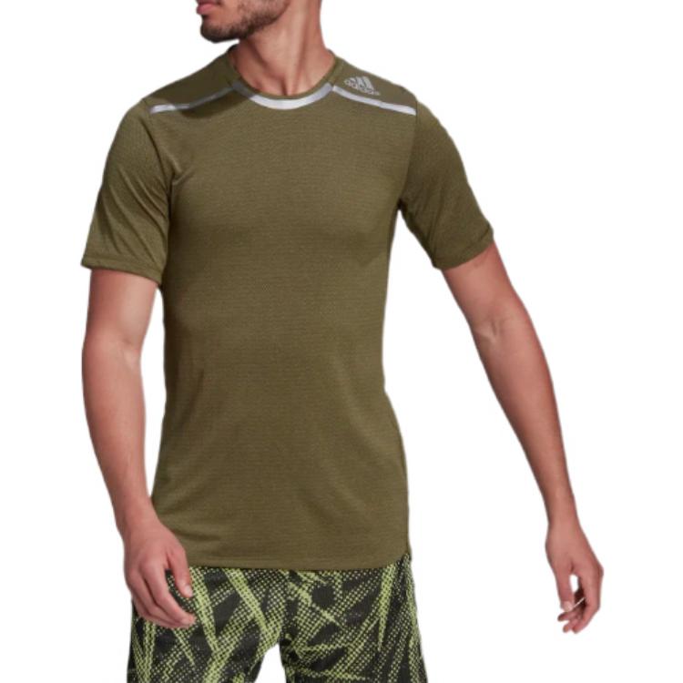 Men's adidas Solid Color Logo Printing Round Neck Slim Fit Short Sleeve Olive Green T-Shirt HE5443