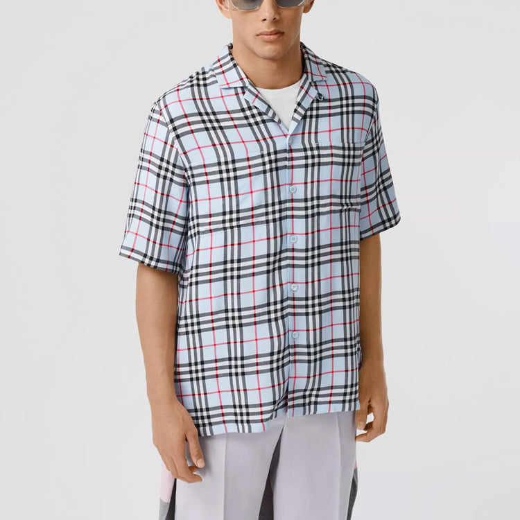 Men's Burberry Vintage Plaid Short Sleeve Shirt Light Blue 80258221