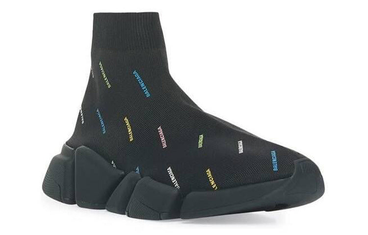 Balenciaga Speed 2.0 Sneakers 'Recycled Knit Black with Multicolor Allover Logo' 617239W2DF01088
