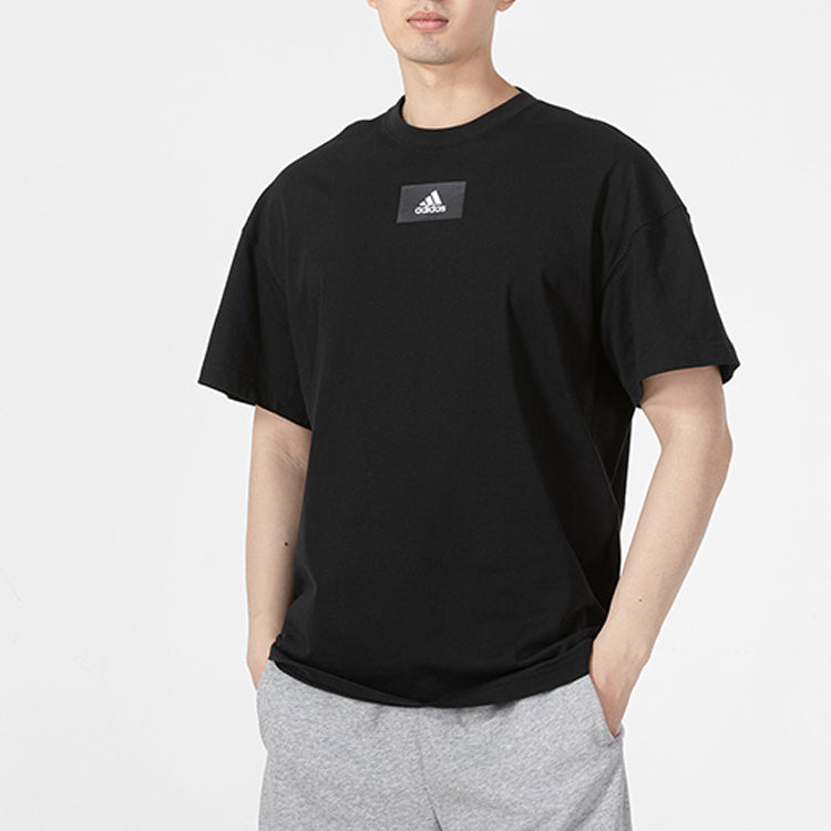 Men's adidas Printing Logo Solid Color Round Neck Pullover Short Sleeve Black T-Shirt HE4361