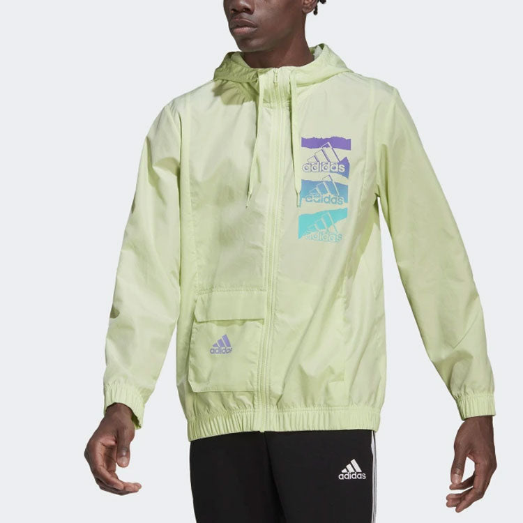 Men's adidas Alphabet Logo Long Sleeves hooded Windbreaker Jacket Green HE4304