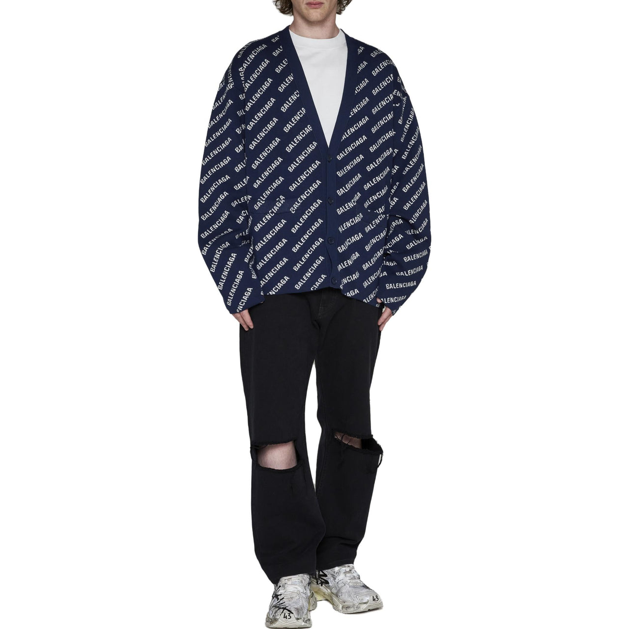 Balenciaga Allover Logo Knit Cardigan 'Blue White' 736248T32338502