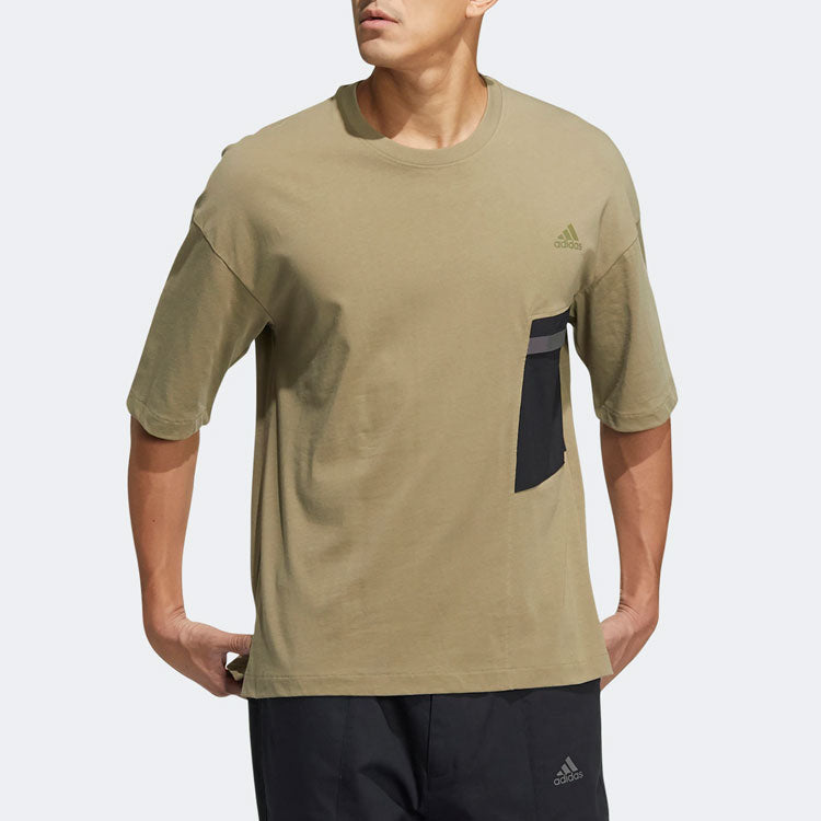 adidas Casual Breathable Sports Splicing Round Neck Short Sleeve Couple Style Khaki HE7353
