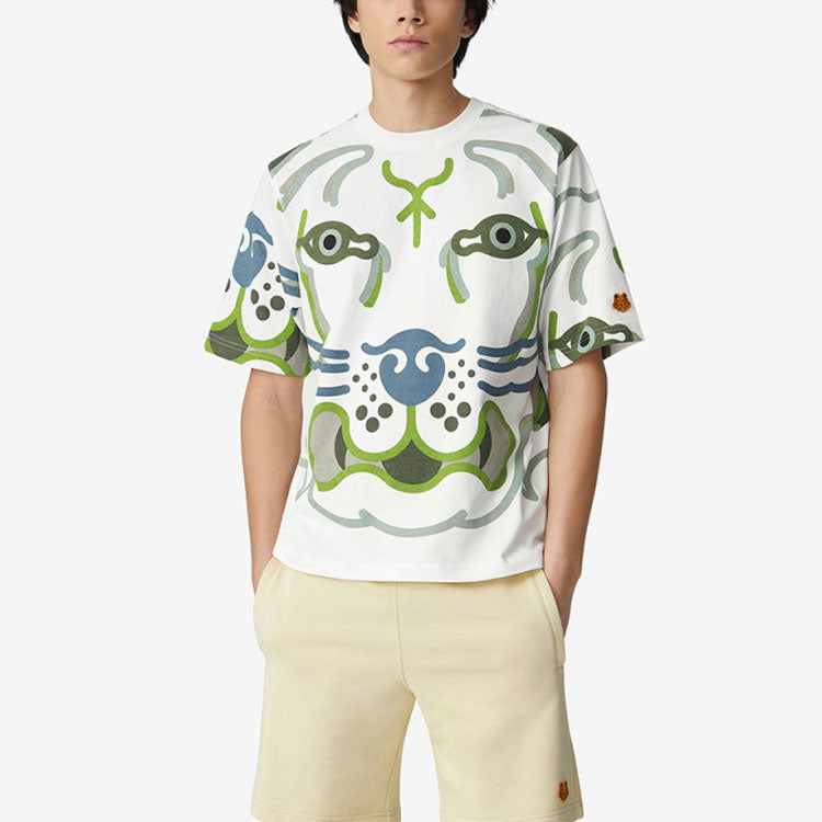 Men's KENZO SS21 TIGER Printing Round Neck Pullover Short Sleeve White FB55TS0514SB-01B