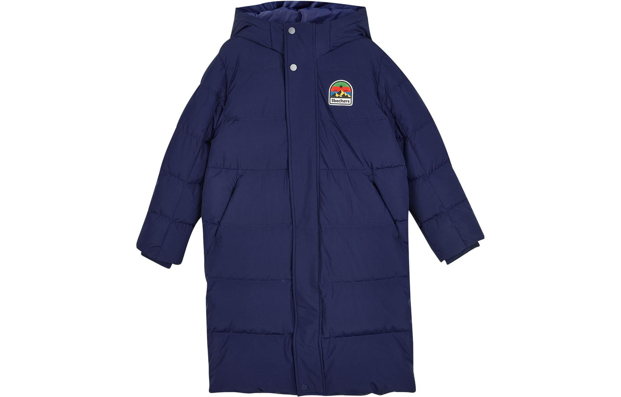 (GS) Skechers Letter Printed Woven Long Hooded Down Jacket 'Navy Yellow' L423K097-007D