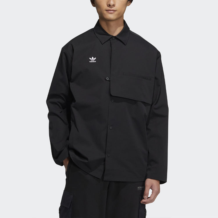 Men's adidas originals CNY Limited Solid Color Buckle Lapel Long Sleeves Black Shirt HC0561