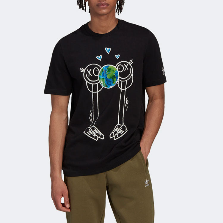 Men's adidas originals Cartoon Pattern Printing Logo Round Neck Short Sleeve Black T-Shirt HR7113