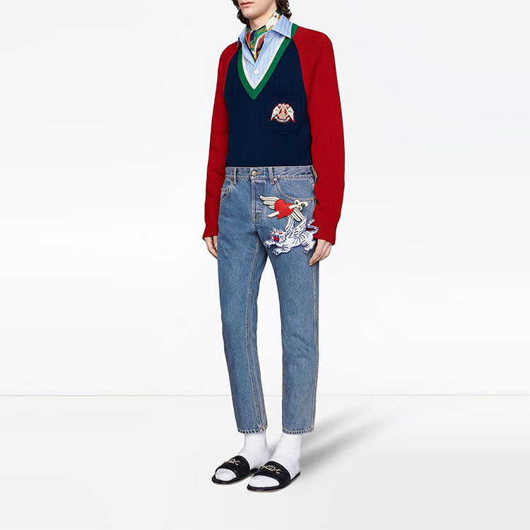 Gucci V-neck Wool Sweater With Lyre 'Blue' 575504-XKATG-4278