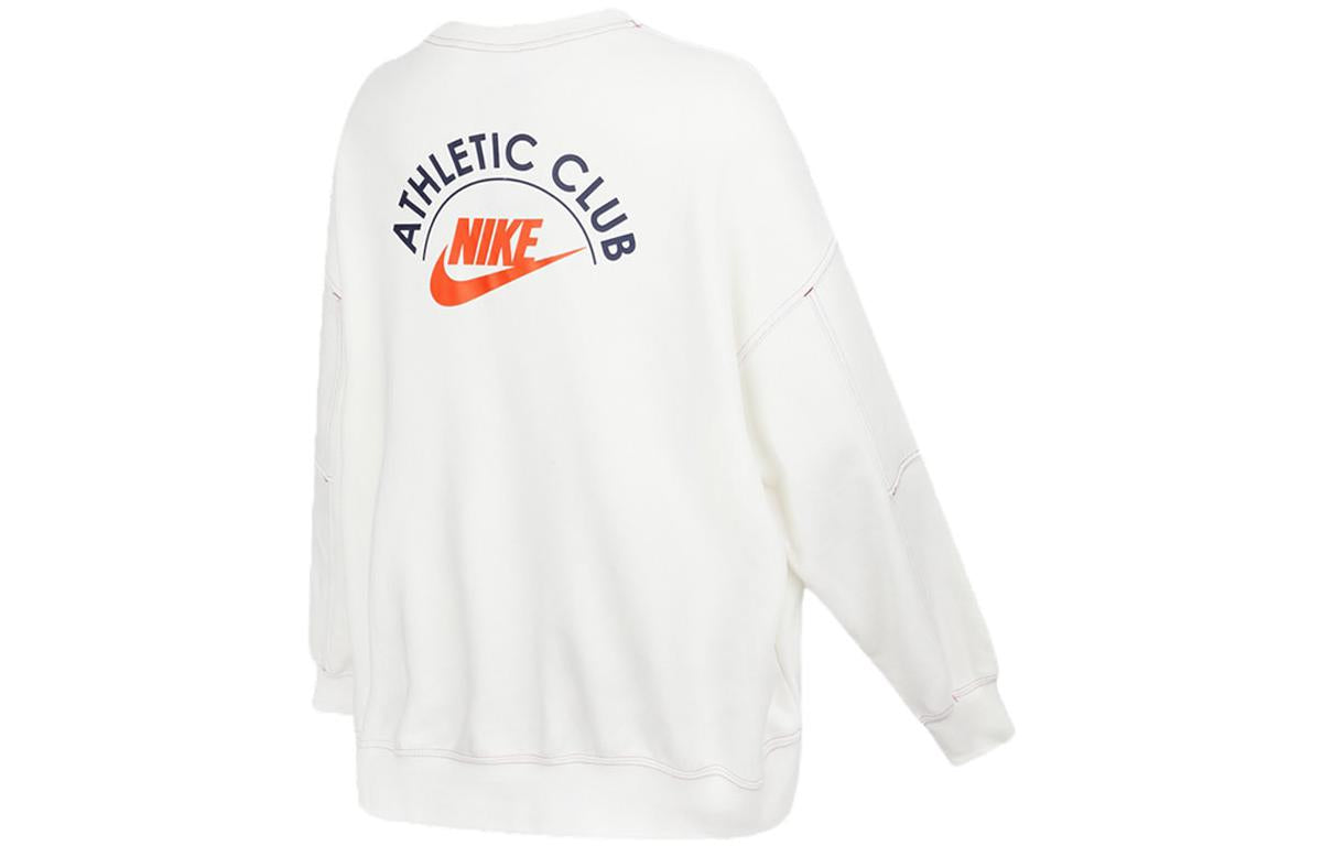 (WMNS) Nike SS22 Sportswear Athletic Club Printing Fleece Round-neck Swea White DQ9146-133