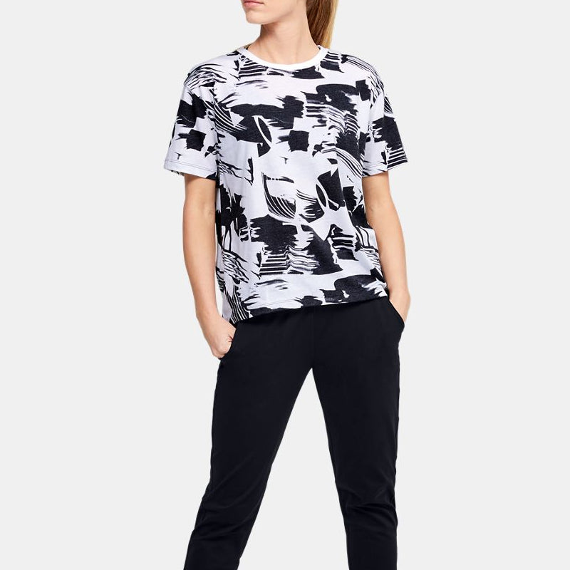 (WMNS) Under Armour Logo Live Training Sports Printing Short Sleeve Black White Printing 1355708-003