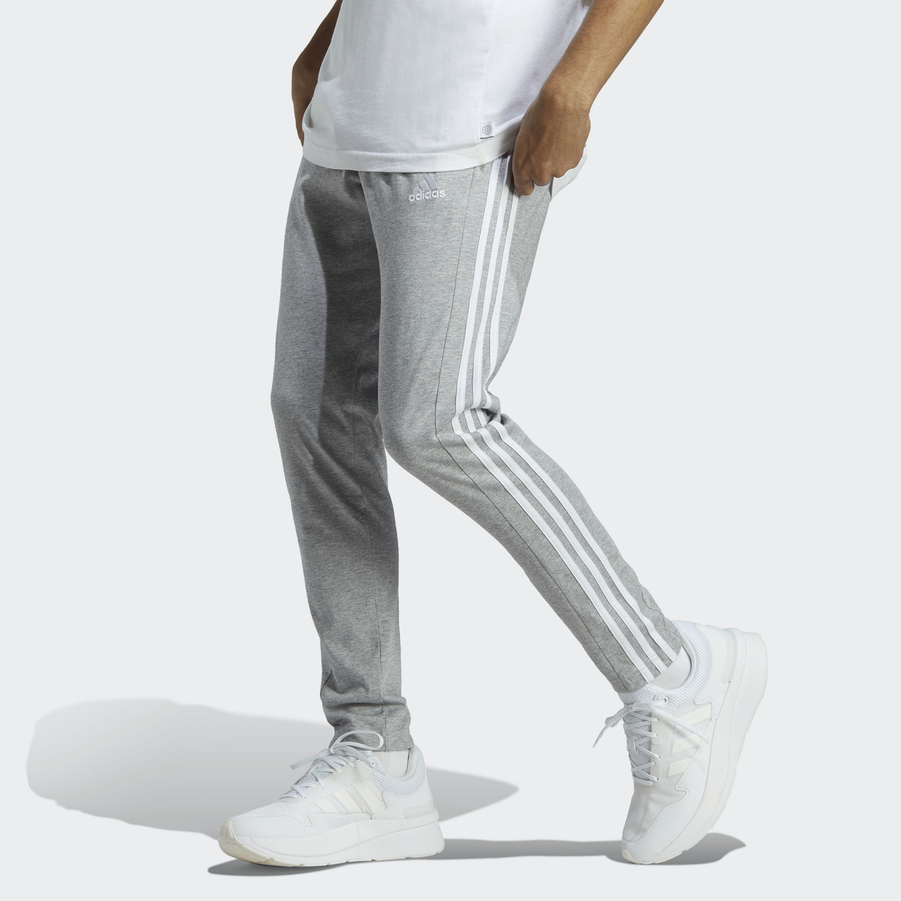 adidas Essentials Single Jersey Tapered Open Hem 3-Stripes Pants 'Grey' IC0046