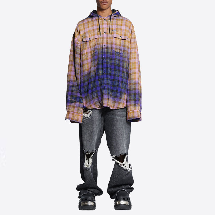 Balenciaga Bleached Plaid Long Sleeve Hooded Shirt 'Purple Beige' 699223TMM095212