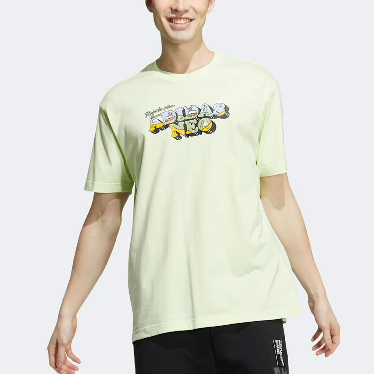 Men's adidas neo Cartoon Logo Printing Sports Short Sleeve Acid Green T-Shirt HC9662