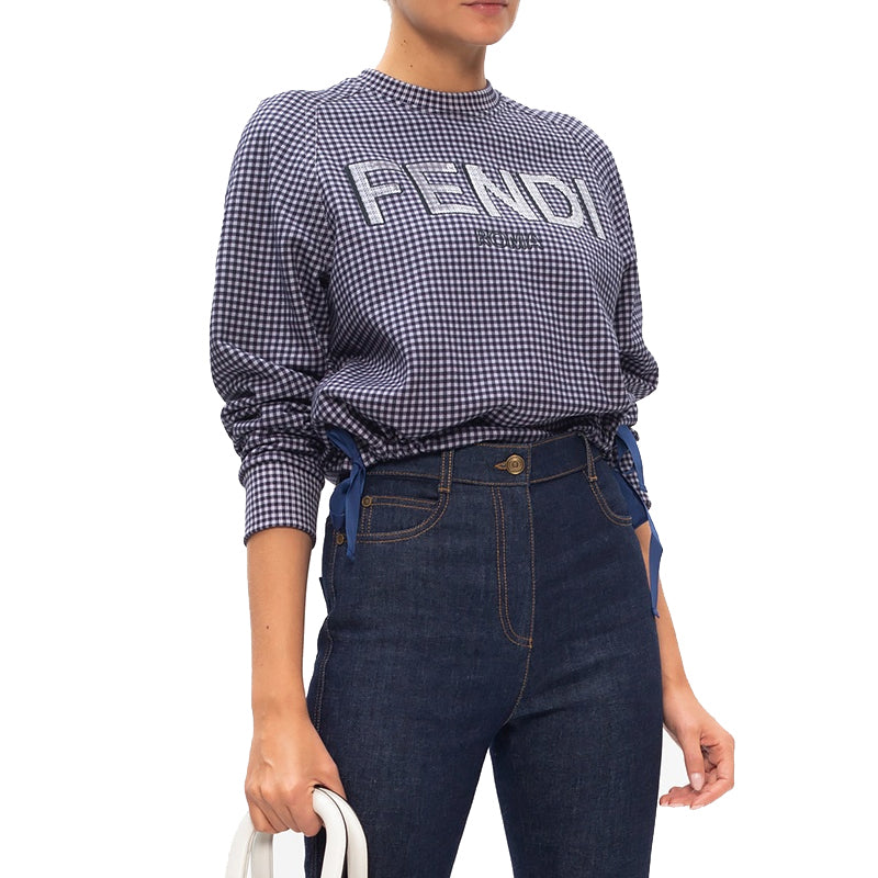 (WMNS) هودي بغطاء رأس وأكمام طويلة وطبعة شعار FENDI باللون الرمادي FS7102AD96F1BGT