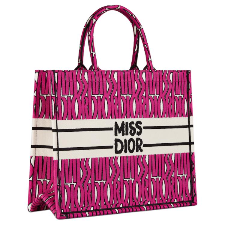 DIOR BookTote Embroidery Tote Bag Shopping Bag Handbag Large Size Women's Fuchsia & Black
