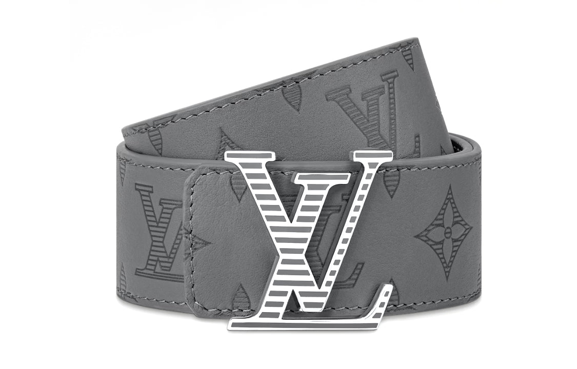 LOUIS VUITTON Smooth Leather, Palladium Leather Belts Men's Gray Width 4cm