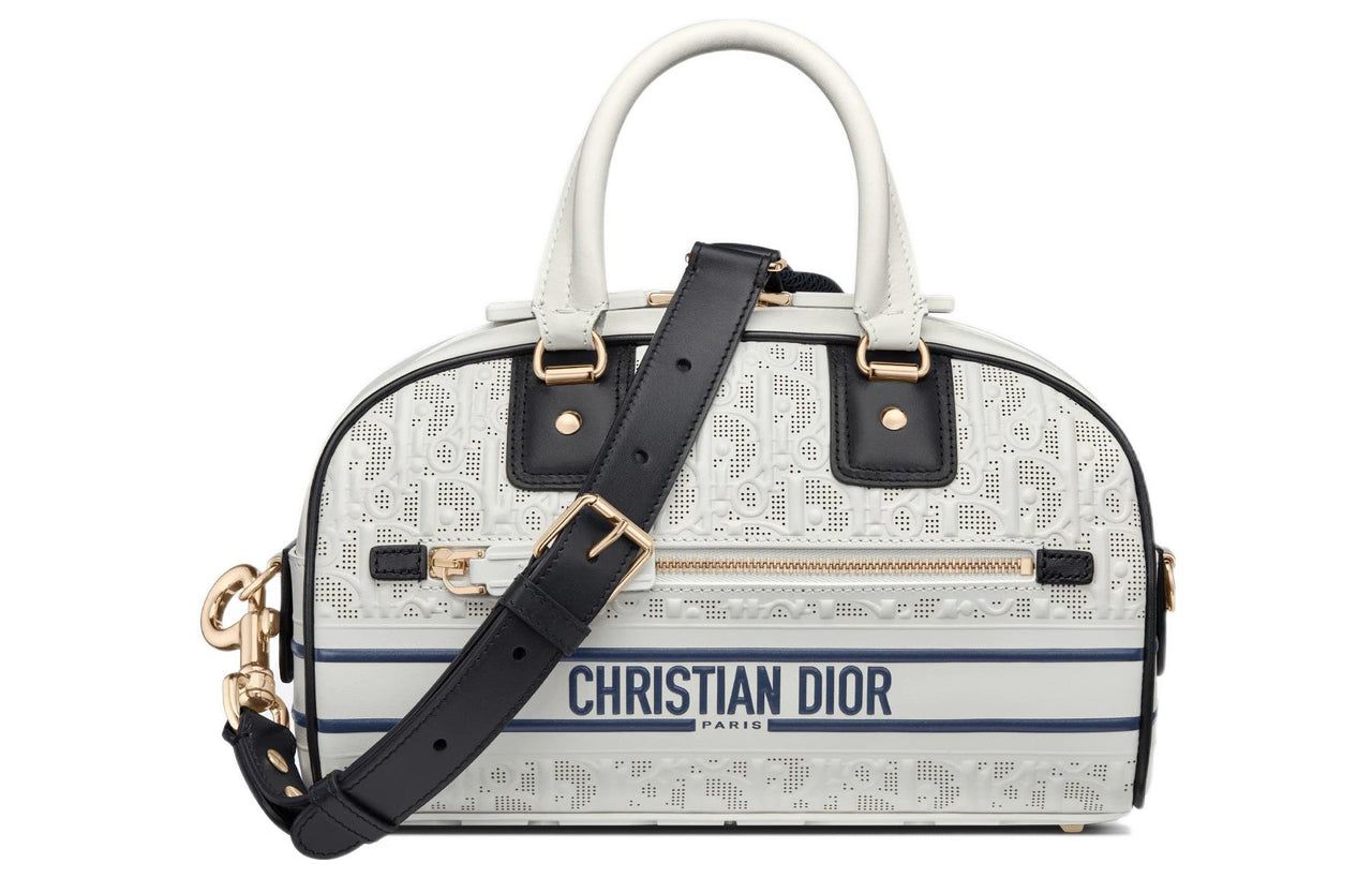 DIOR Cow Leather Bowling Bag, Shoulder Bag, Crossbody Bag, Handbag Women's White & Blue
