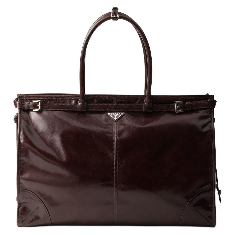 PRADA Leather Tote Bag Shopping Bag Handbag Men's Dark Brown