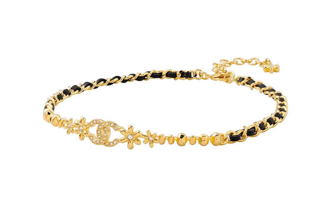 CHANEL Metal, Sheepskin, Rhinestone Necklaces Women's Black