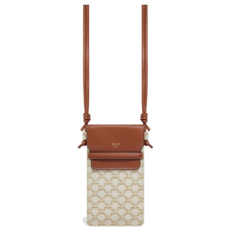 CELINE Triomphe Sheepskin One Shoulder Crossbody Cell Phone Pouch Unisex Brown/White