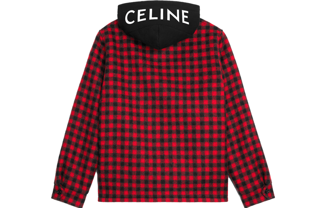 CELINE Hooded Overshirt In Checked Wool