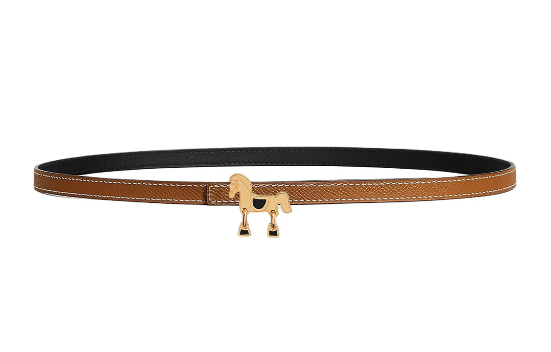 HERMES Small Horse Buckle Smooth Buckle Leather Belts Women's Brown/Black Width: 1.3cm