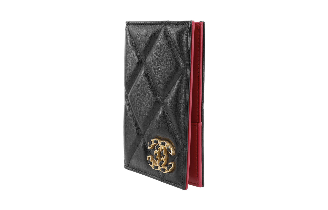 CHANEL Sheepskin Passport Holder Card Holder Coin Purse Wallet Regular Women's Black