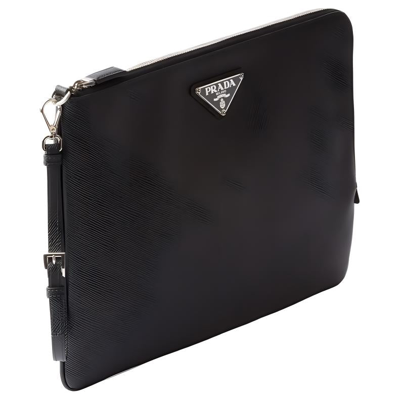 PRADA Leather Clutch Large Size Men's Black