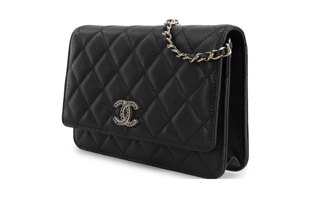CHANEL Grained Calfskin Rhinestone Shoulder Bag Crossbody Bag Wallets Women's Black