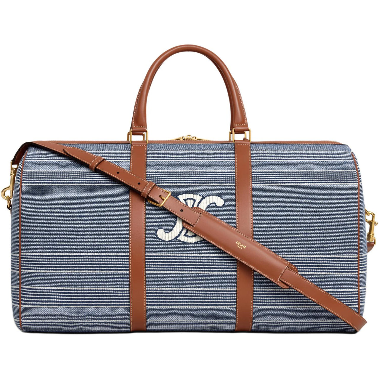 CELINE Fabric With Cow Leather One Shoulder Handbag, Travel Bag Women's Blue & Beige