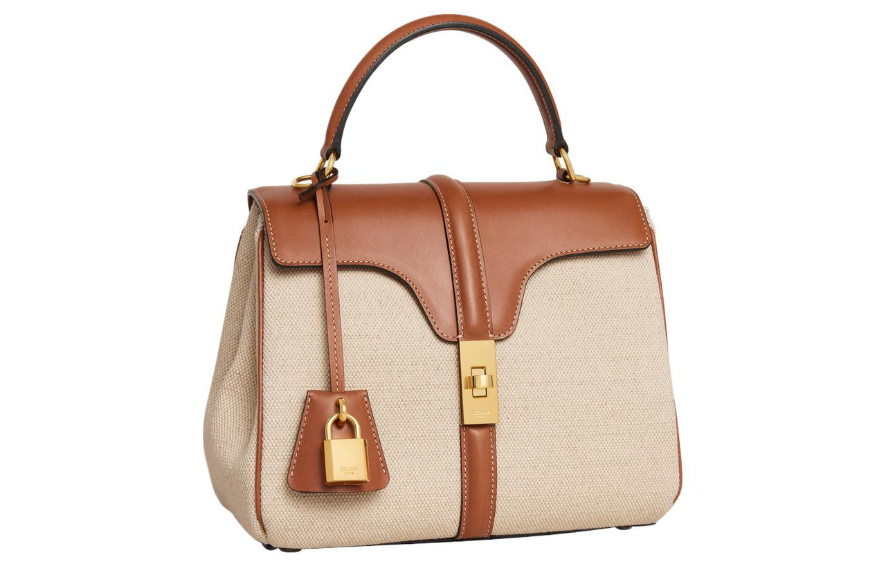 CELINE 16 Fabric With Natural Calfskin Shoulder Bag, Crossbody Bag, Handbag Trumpets Women's Natural/Tan