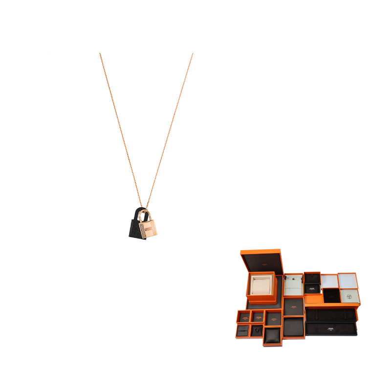 HERMES O'Kelly Calfskin Necklaces Women's Black Rose Gold Noir