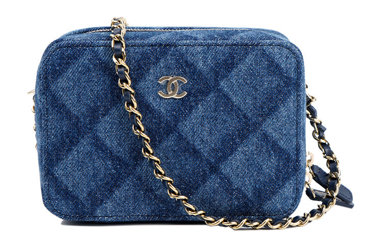 CHANEL 22BFW Denim One Shoulder Crossbody Clutches Women's Dark Blue