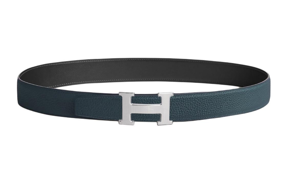 HERMES Double-Sided Design Smooth Buckle Leather Belts Unisex Blue Width: 3.2CM
