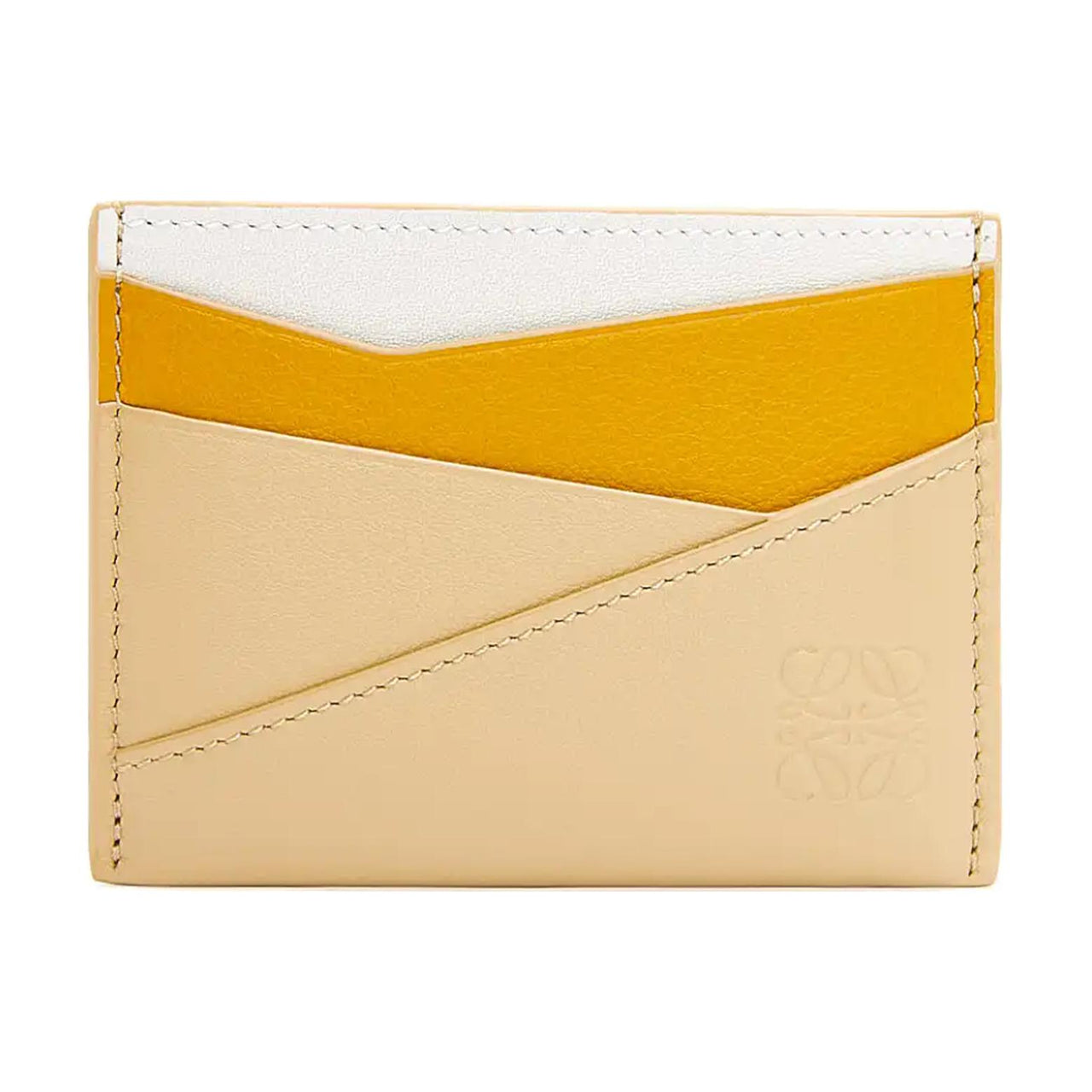 LOEWE Puzzle Cow Leather Card Holder Women's Sunflower Yellow & Soft White & Dark Color
