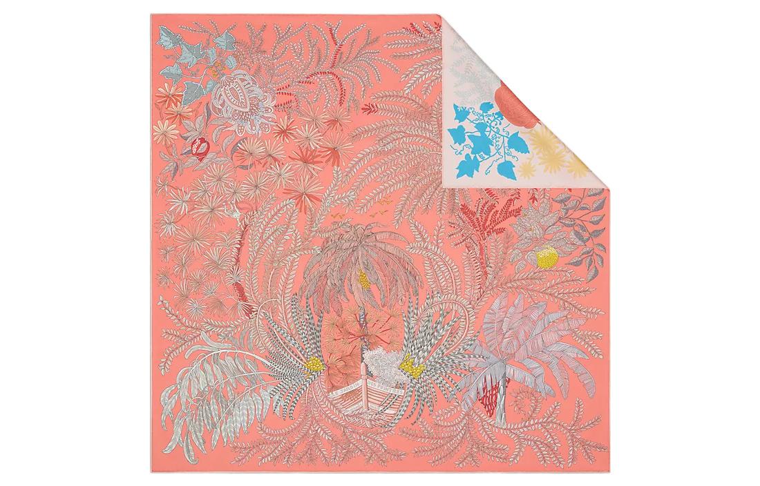 HERMES Silk Scarves Women's Salmon Pink/Blue Gray/Gray Green