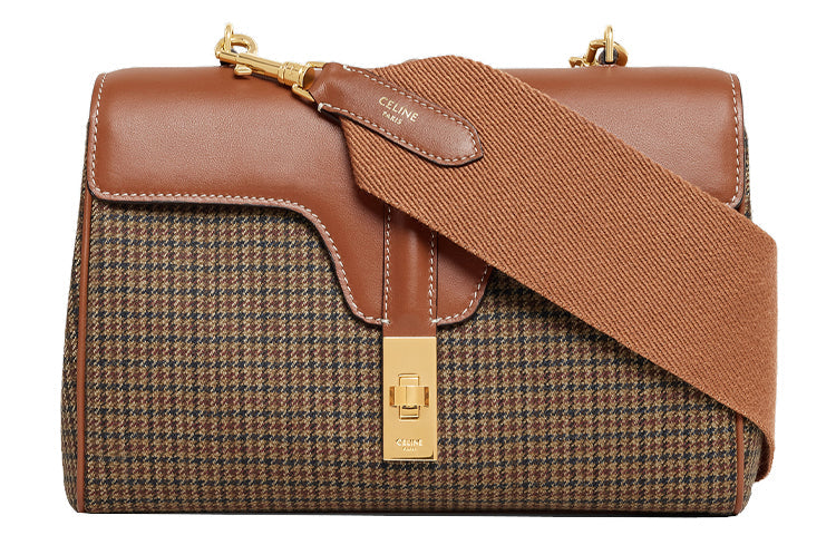 CELINE 16 Plaid Velvet Fabric With Calfskin Shoulder Bag Crossbody Bag Women's Beige/Tan