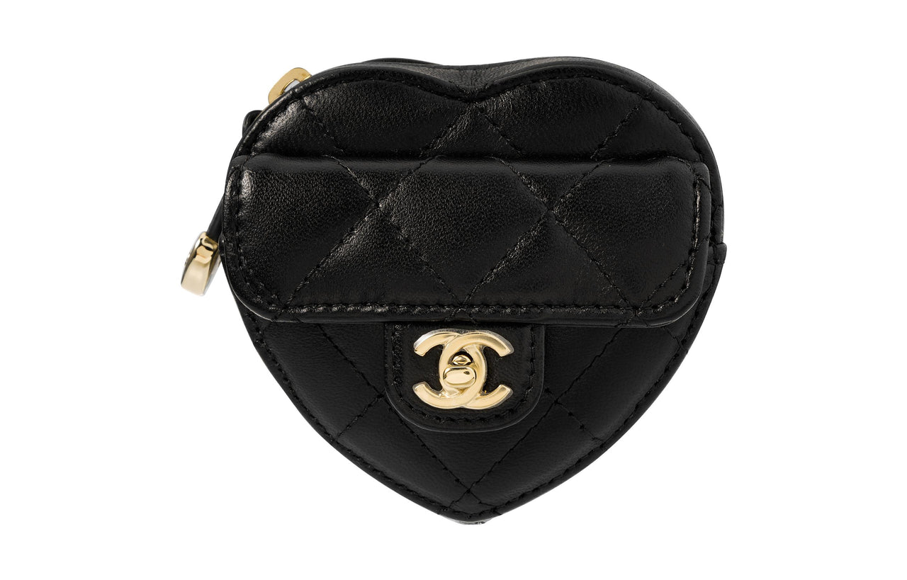 CHANEL 22SS Lambskin Heart-Shaped Bag Clutch Coin Purse Wrist Bag Women's Black