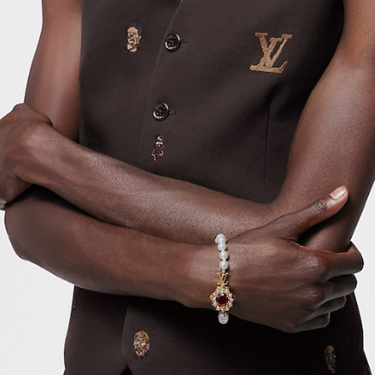 LOUIS VUITTON Brass Glass Beads Synthetic Cubic Zirconia Bracelets Women's White