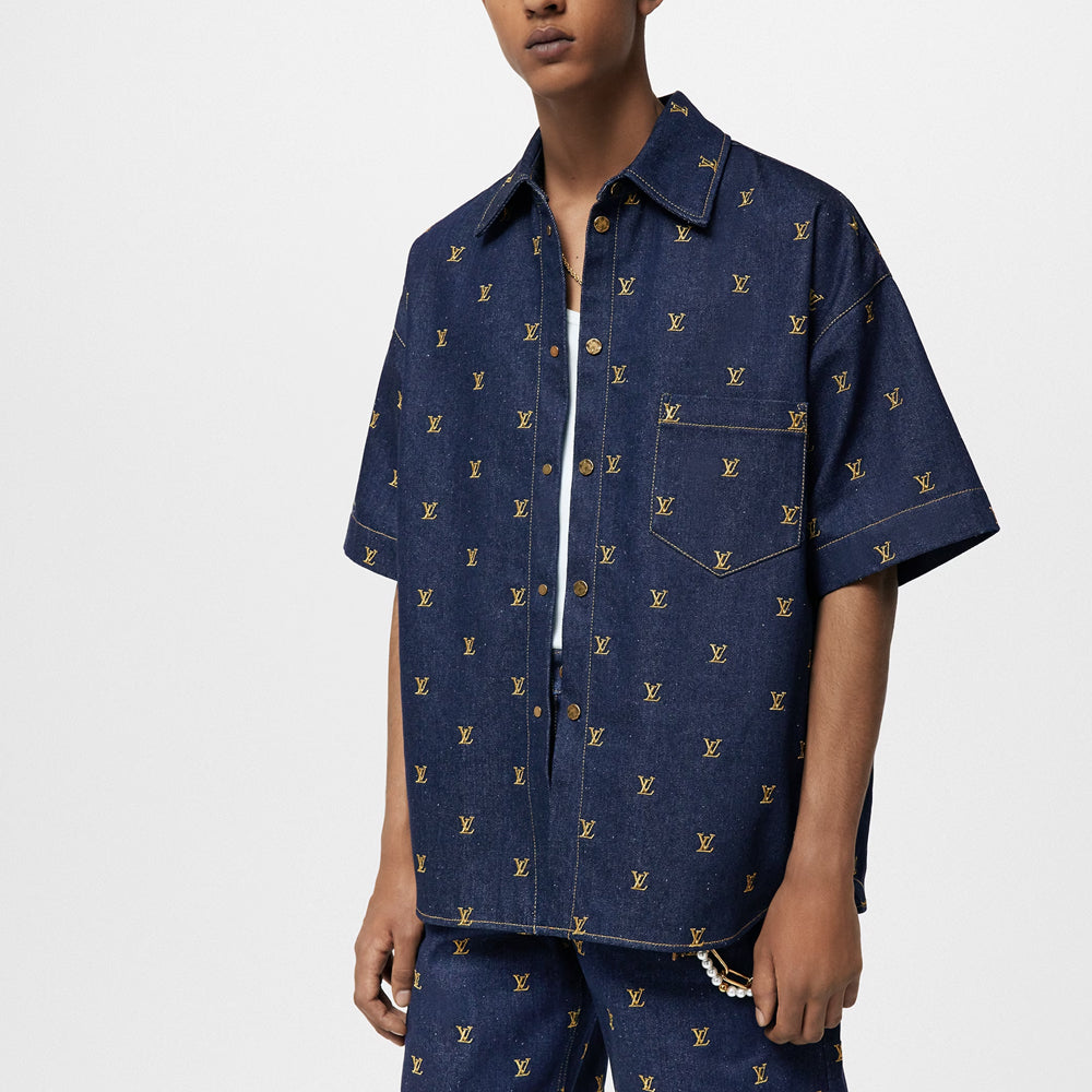 LOUIS VUITTON Embroidered Signature Short-Sleeved Denim Shirt